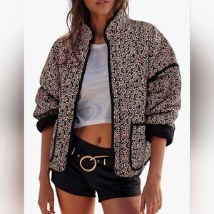 Cropped Puffer Jacket Lightweight Floral Print Long Sleeve Padded Quilte Size M